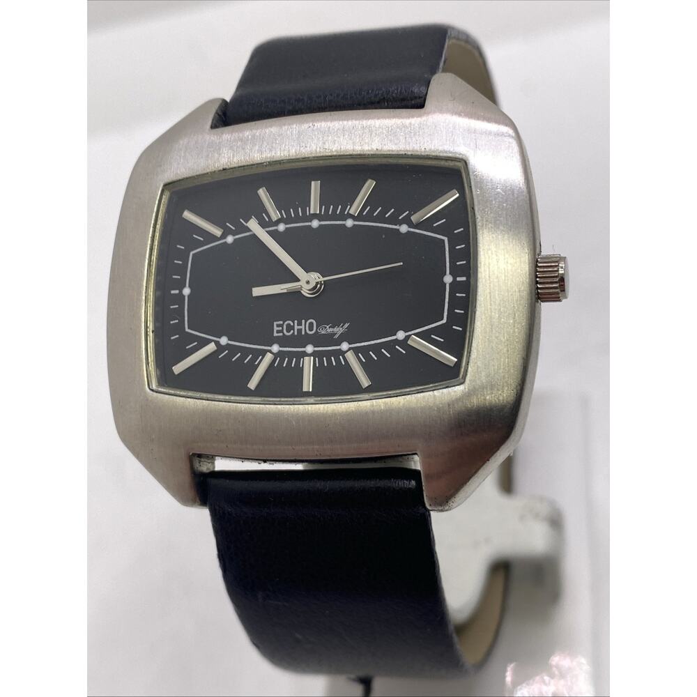 Echo By Davidoff Mens Black Leather Ailver Watch New Battery